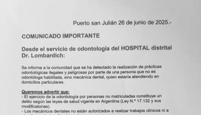 Investigan a una persona por ejercer como odontólogo sin matrícula en Puerto San Julián